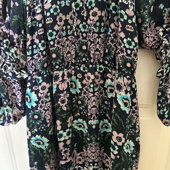 Parker Ruffled Neckline Drop Waist Dress Long Ruffled Sleeve Size L Black Floral - Picture 3 of 4